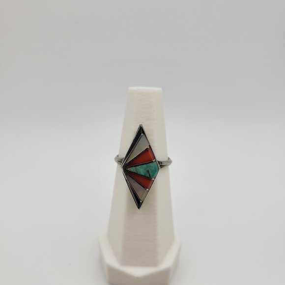 Source Unknown Jewelry - Native American Style Zuni? Beautiful Geometric Inlay Sterling Silver Ring